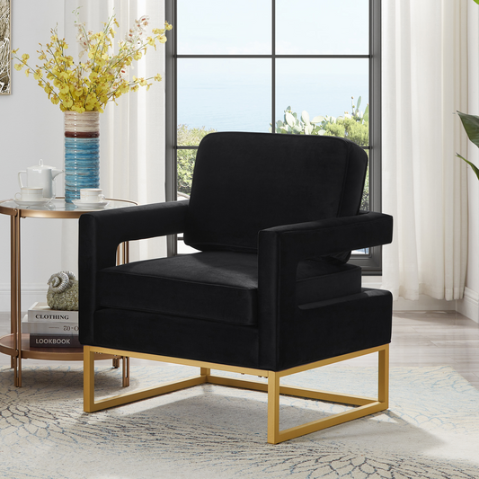 Modern Style Accent Chair with Gold Metal Base , Velvet Upholstered Leisure Chair with Open Armrest, Armchair, Black