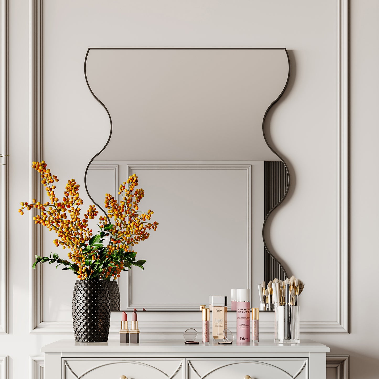 Wall Mirror 30x35 Inch Black Rectangular Mirror with 2 Wavy Sides Metal Framed Mirror Vanity Mirror Dressing Mirror