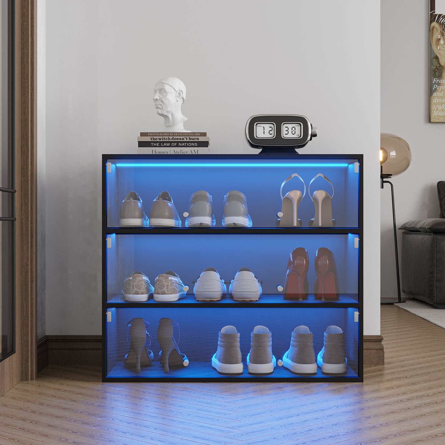 Black Glass Door Shoe Box Shoe Storage Cabinet  With RGB Led Light