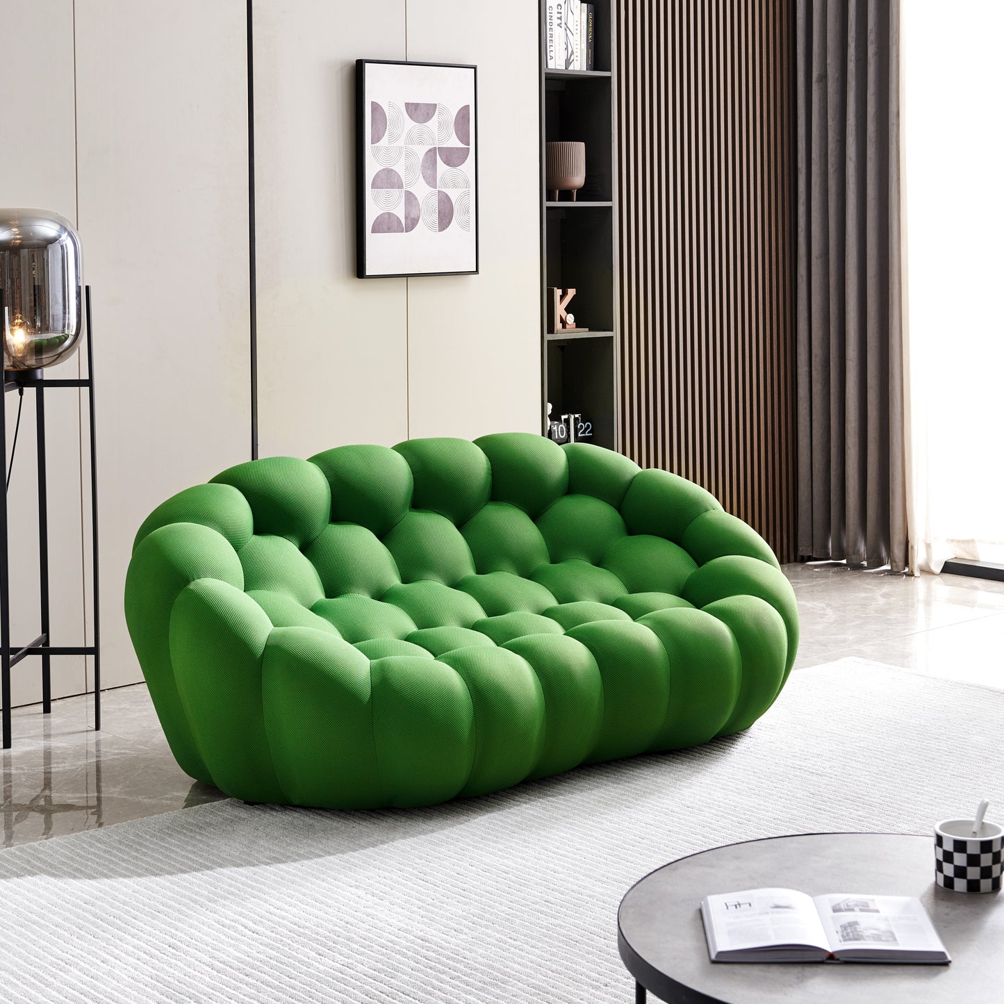 74.8" Modern Loveseat Bubble Sofa Couch, 2 Seater Upholstered Floor Sofa, Honeycomb Shaped Bubble Couch with 3D Textile Mesh Fabric -(Green)