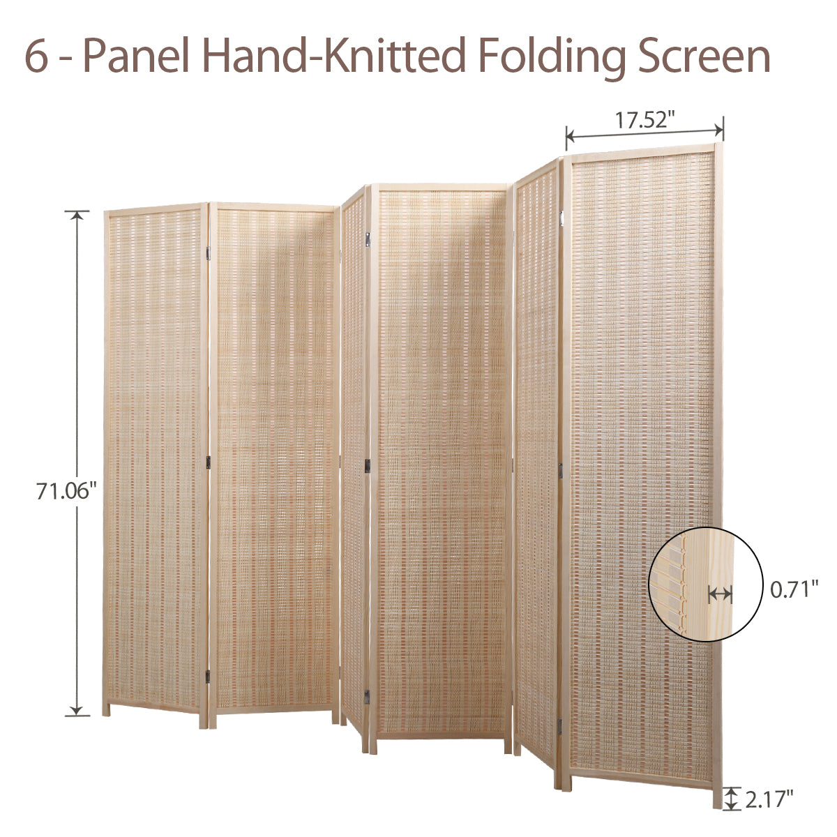 6 Panel Bamboo Room Divider, Private Folding Portable Partition Screen- Natural