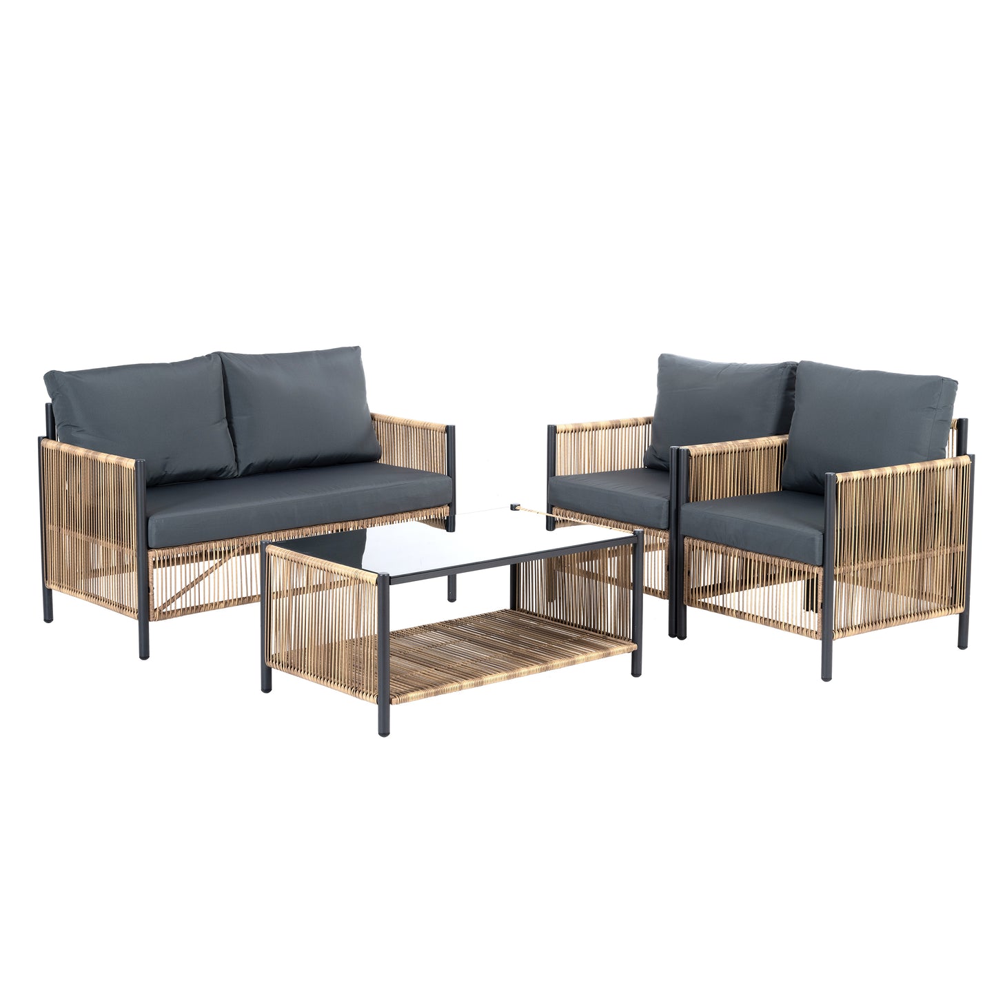 OUTDOOR Patio 4 Pieces Brown PE Wicker Sofa Set with Grey Cushion