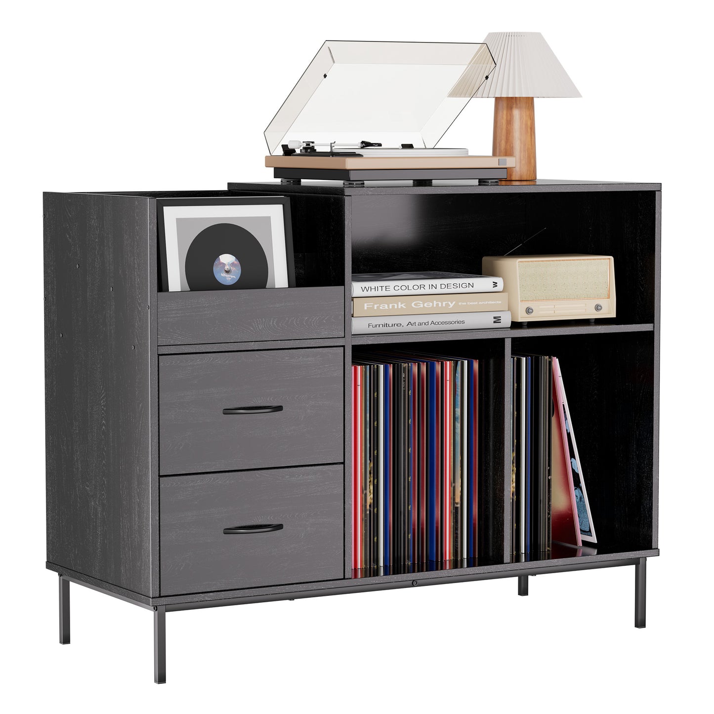 Record Player Stand with Power Outlet & Flip-Down Lid, Turntable Table with Storage for 300+ Vinyls, Black Wood Grain Media Console with 2 Drawers, 27.6' with Dust Protection, Some Assembly Required