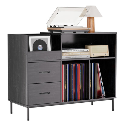 Record Player Stand with Power Outlet & Flip-Down Lid, Turntable Table with Storage for 300+ Vinyls, Black Wood Grain Media Console with 2 Drawers, 27.6' with Dust Protection, Some Assembly Required