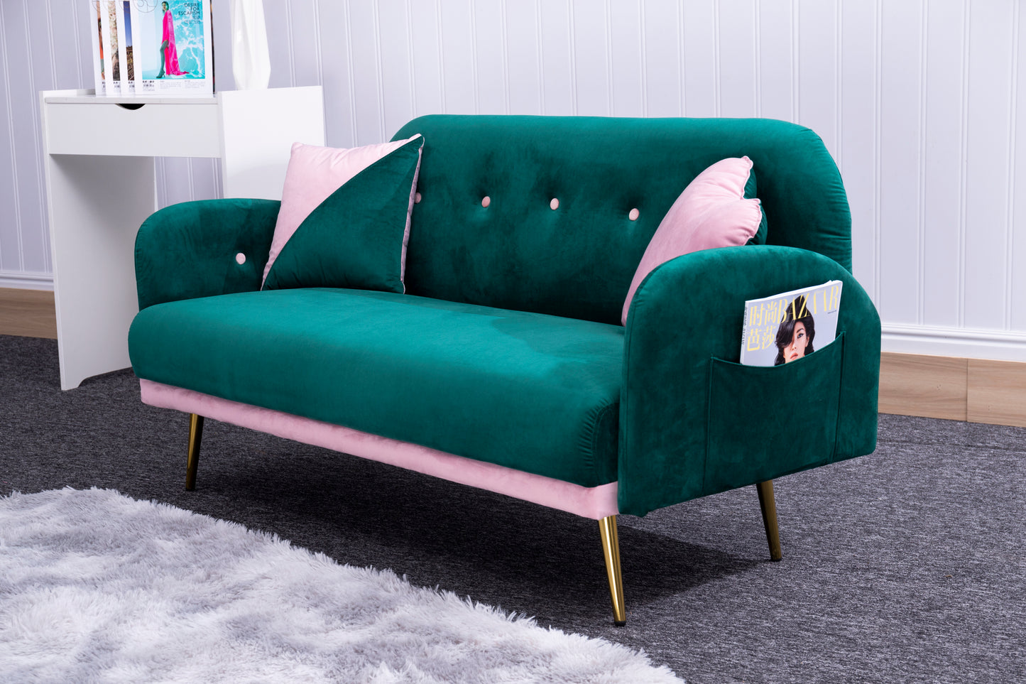 Sofa includes 2 pillows 58" green velvet sofa