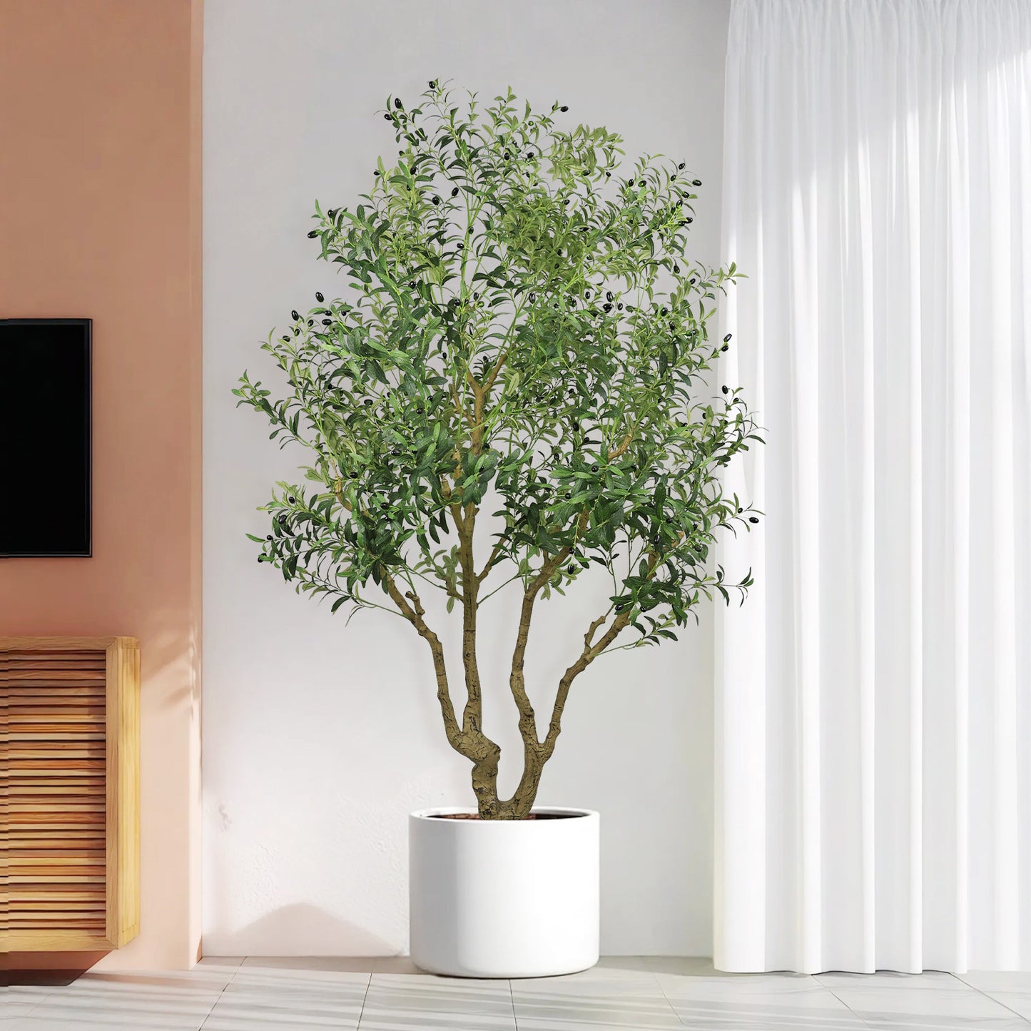 8FT Tall Artificial Olive Tree - Large Faux Potted Tree with Natural Trunk and Lifelike Olive Leaves and Fruit, Elegant Indoor/Outdoor Decorative Plant, 1 pc/set