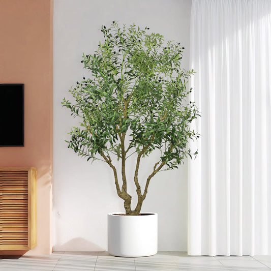 8FT Tall Artificial Olive Tree - Large Faux Potted Tree with Natural Trunk and Lifelike Olive Leaves and Fruit, Elegant Indoor/Outdoor Decorative Plant, 1 pc/set