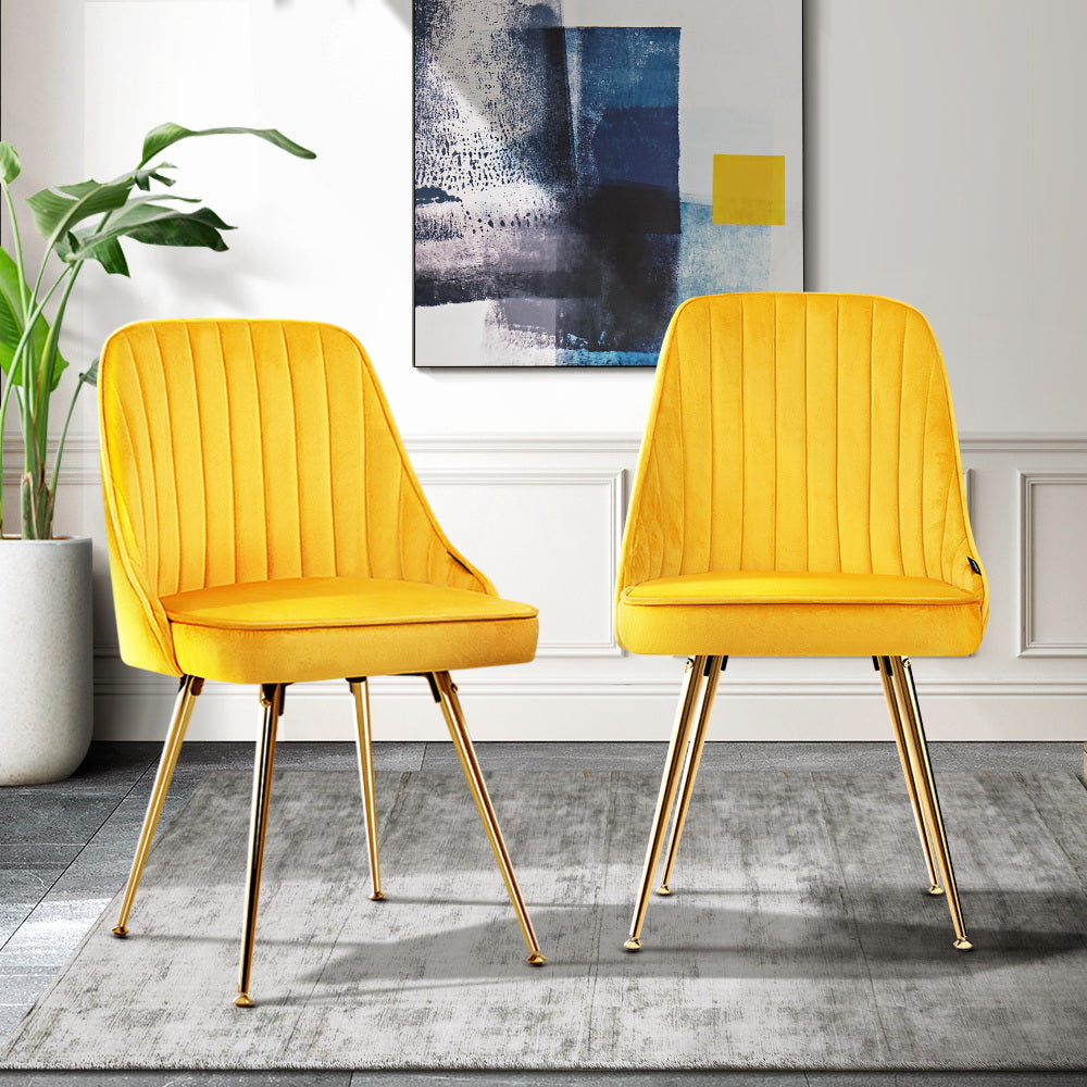 Artiss Set of 2 Dining Chairs Retro Chair Cafe Kitchen Modern Metal Legs Velvet Yellow-7