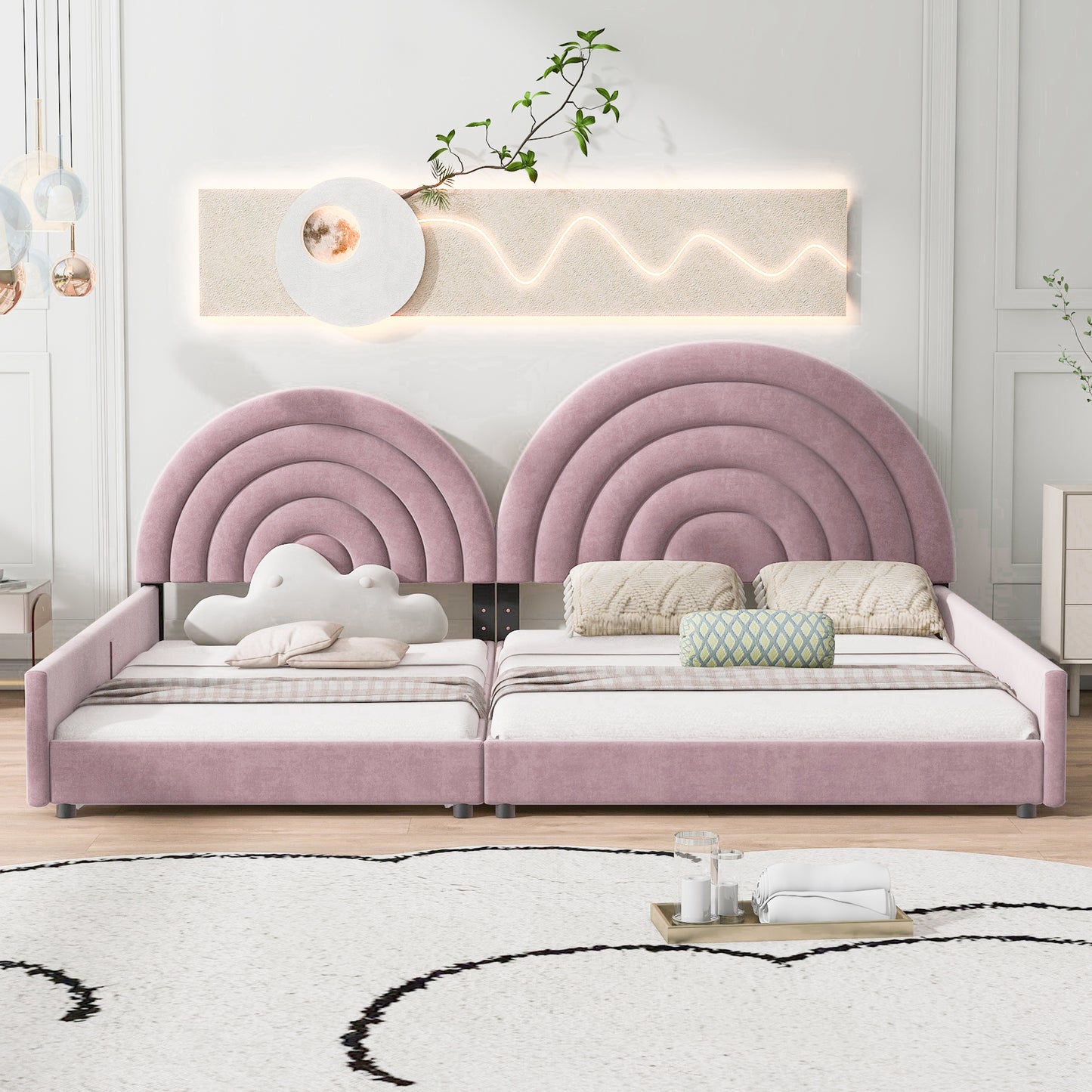 Twin+Full Upholstered Platform Bed Set with Semicircular Headboard, Pink