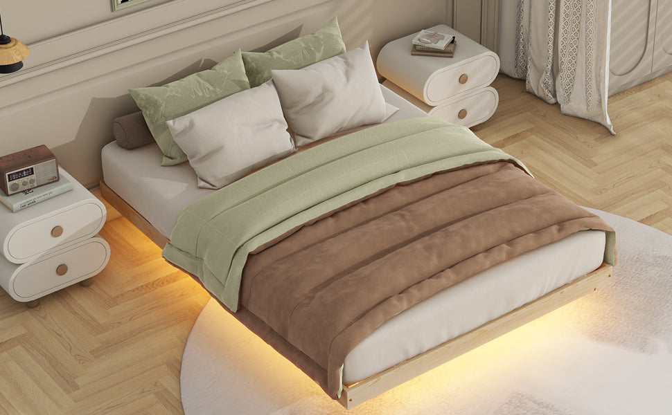 Full Size Floating Bed with LED Lights Underneath,Modern Full Size Low Profile Platform Bed with LED Lights,Natural