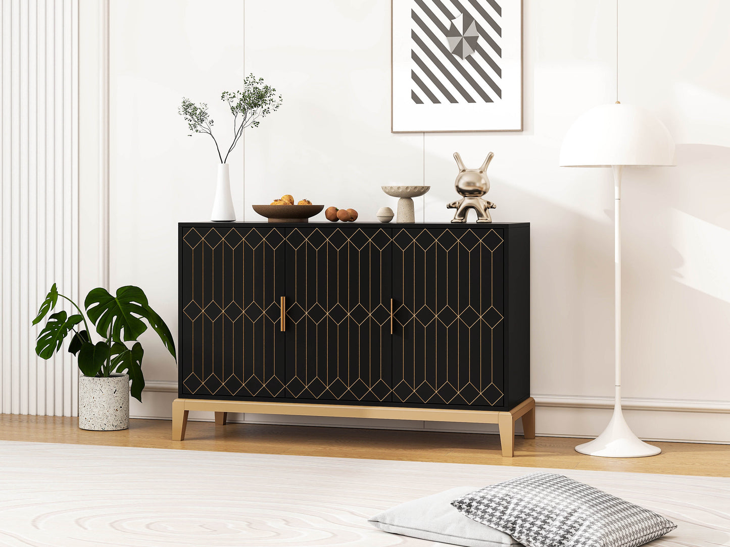 Carved Line 3 Door Storage Cabinet, Sideboard Buffet Cabinet with Adjustable Shelf, Large Storage Accent Cabinet