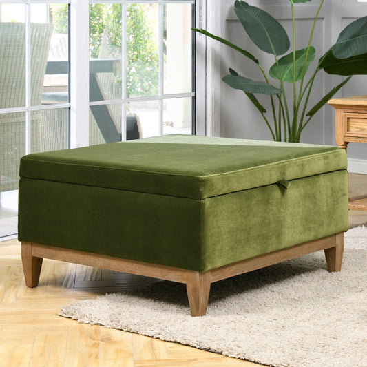 Knox 35' Square Storage Cocktail Ottoman, Olive Green Performance Velvet