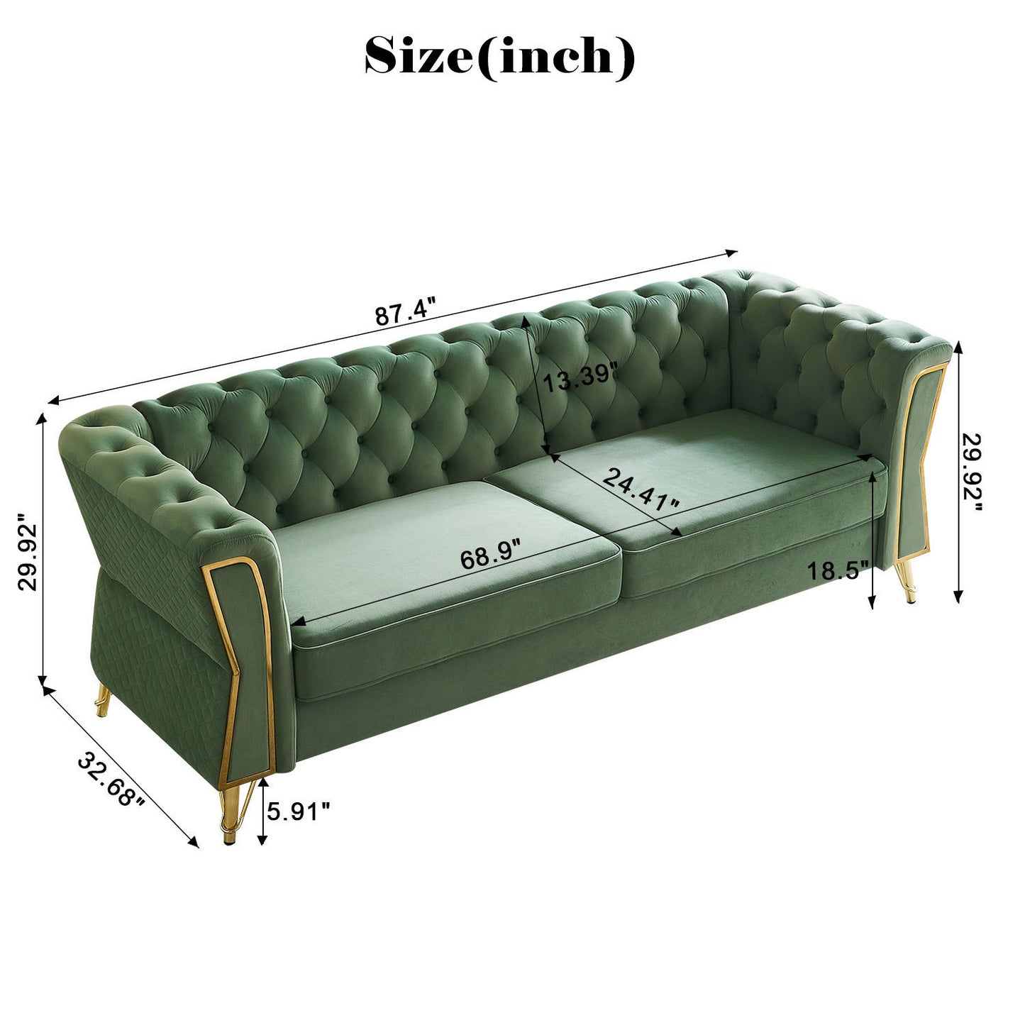 Modern Tufted Velvet Sofa 87.4 inch -Mint Green Color