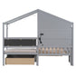 Twin Size House Bed with Upholstered Sofa, House Bed with Charging Station, Wireless Charging, Shelves and Two Drawers, Gray