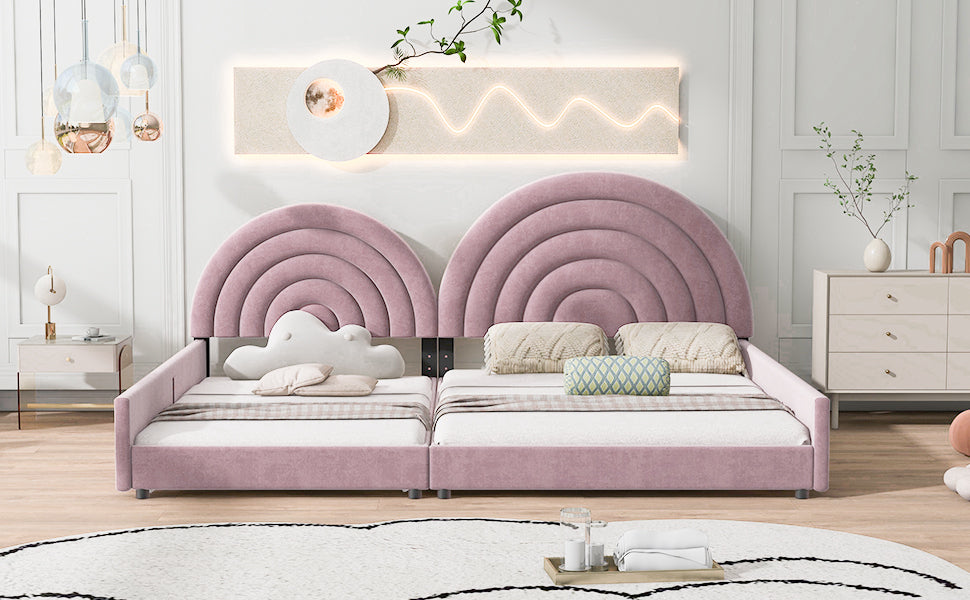 Twin+Full Upholstered Platform Bed Set with Semicircular Headboard, Pink