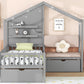 Twin Size House Bed with Upholstered Sofa, House Bed with Charging Station, Wireless Charging, Shelves and Two Drawers, Gray