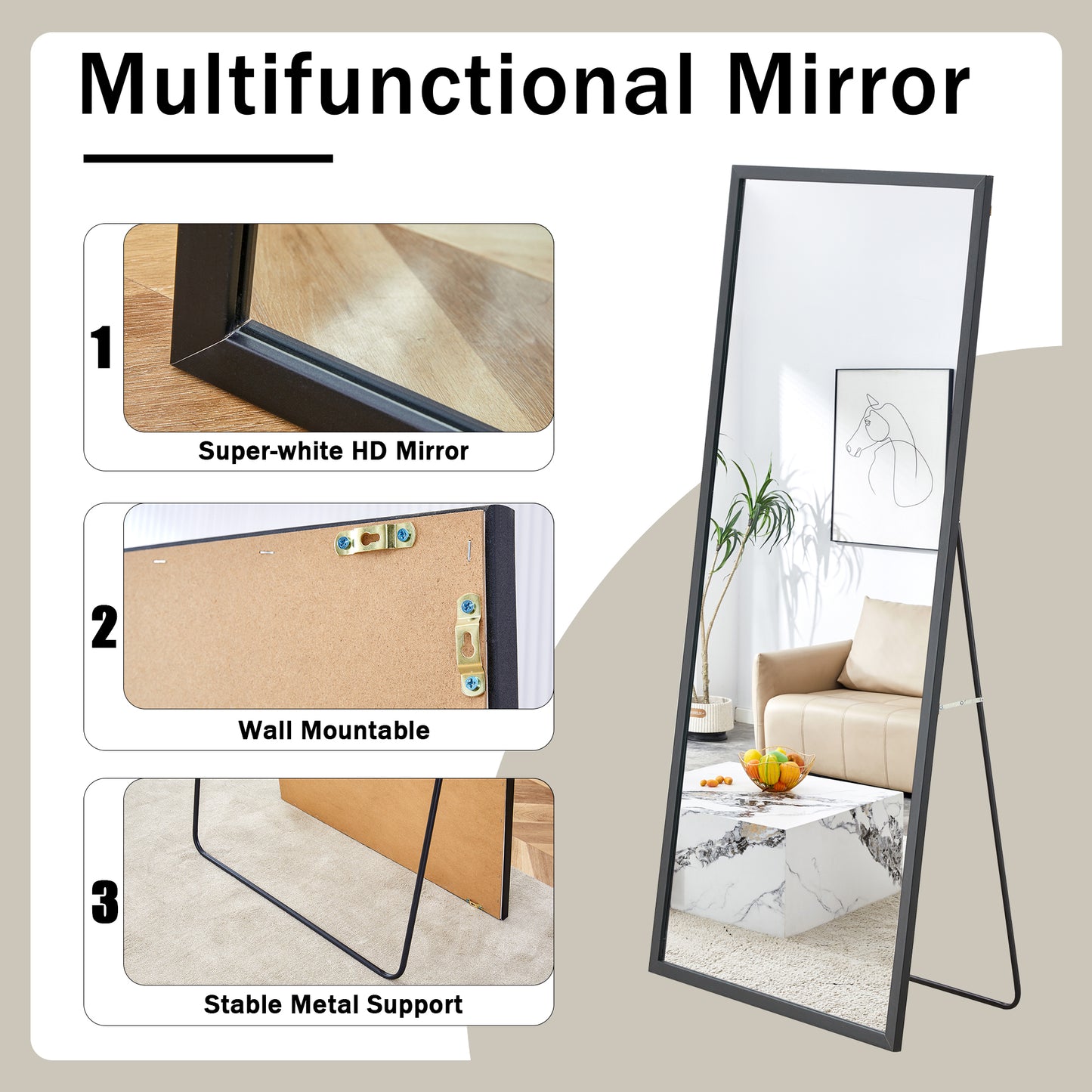 Fourth generation black solid wood frame full-length mirror, dressing mirror, bedroom porch, decorative mirror, clothing store, floor standing large mirror, wall mounted. 71 "* 31.5"