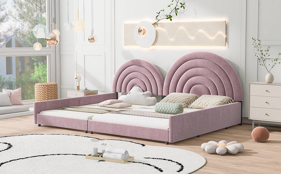 Twin+Full Upholstered Platform Bed Set with Semicircular Headboard, Pink