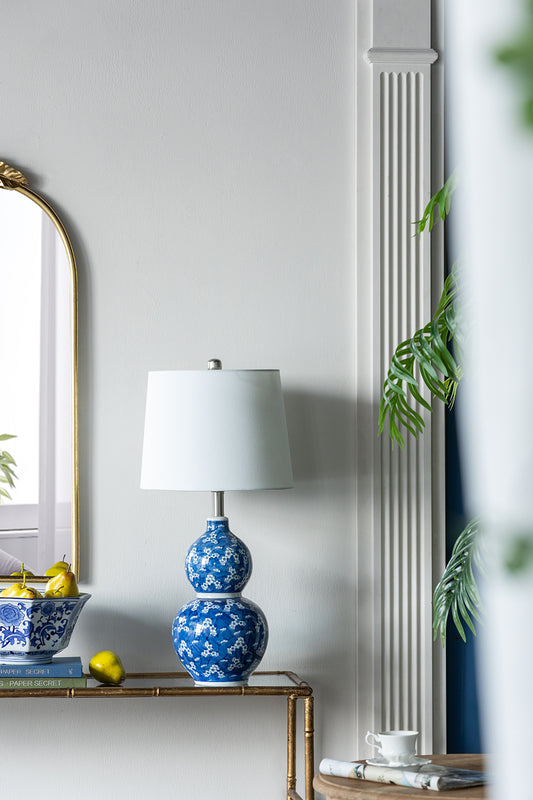 D13x25.7' Blue and White Round Two-Tiered Ceramic Vase Lamp