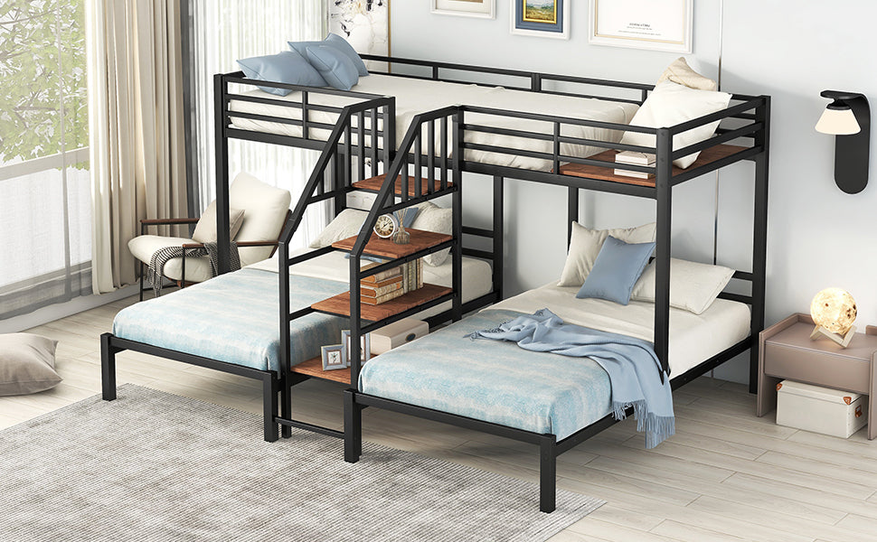 Metal Twin over Twin & Twin Bunk Bed, Triple Bunk Bed with Storage Shelves Staircase, Black