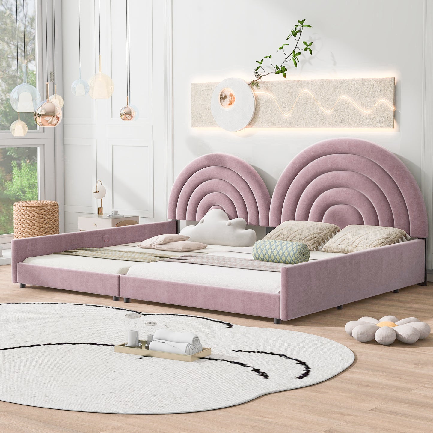 Twin+Full Upholstered Platform Bed Set with Semicircular Headboard, Pink