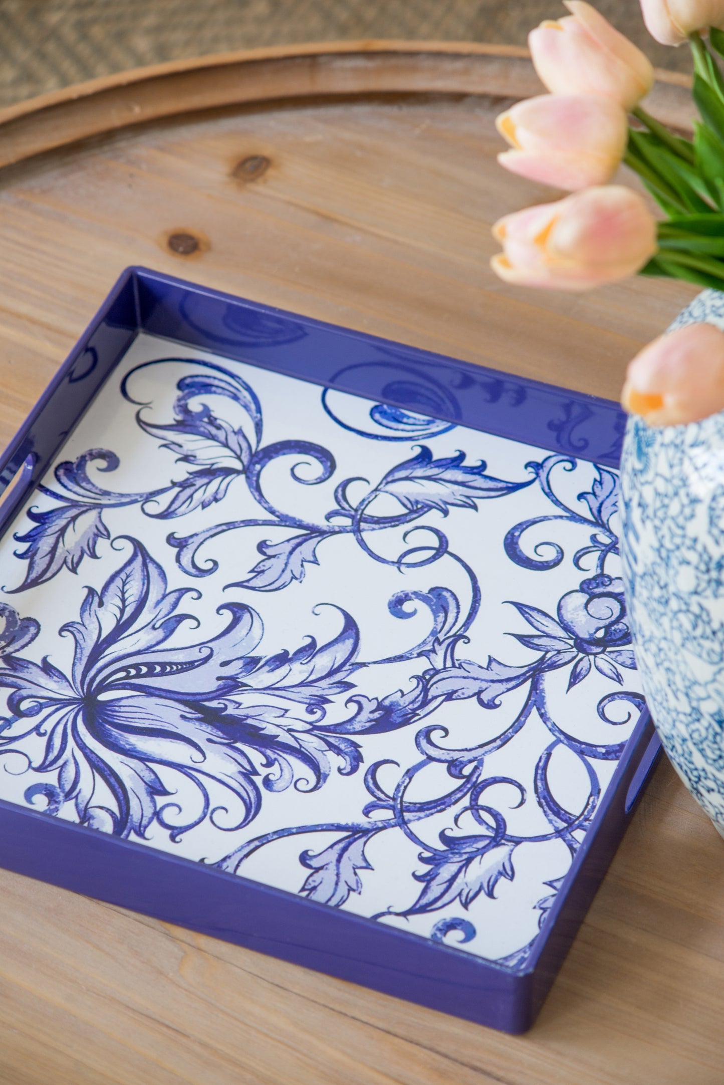 Set of 2 Decorative Trays with Floral Painting, Blue Serving Tray with Handles