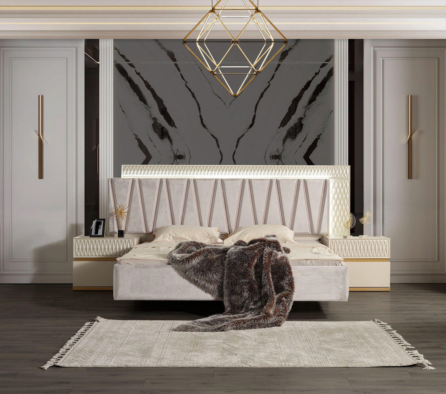 Delfano Modern Style Queen Bed Made with Wood in Beige