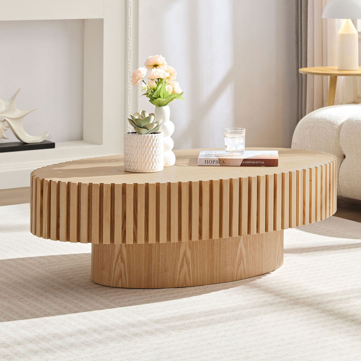 Modern Handcraft Drum Coffee Table Length 43.7 inch Ellipse Coffee Table ,Natural Ash MDF