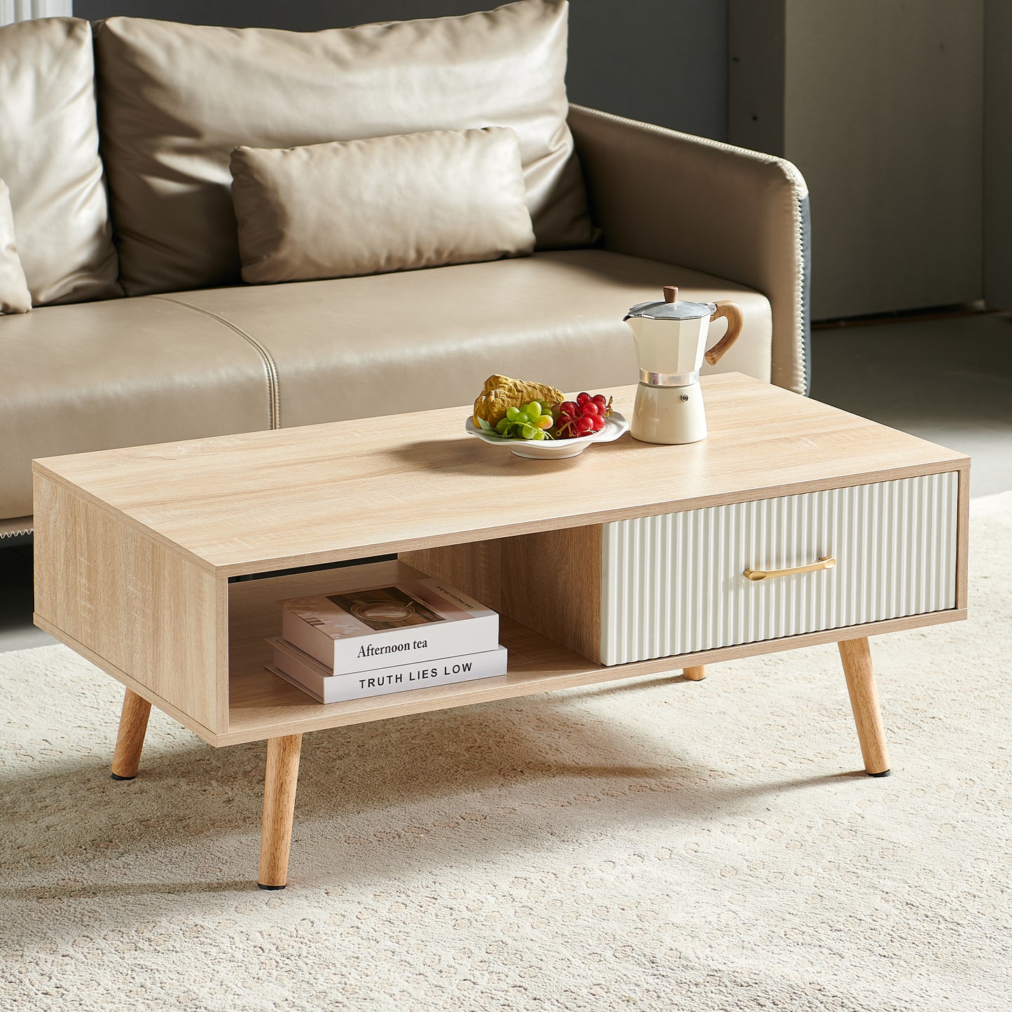 Rectangle Coffee Table with Solid Wood Legs, Sliding Drawer for Storage-Natural Wood Color