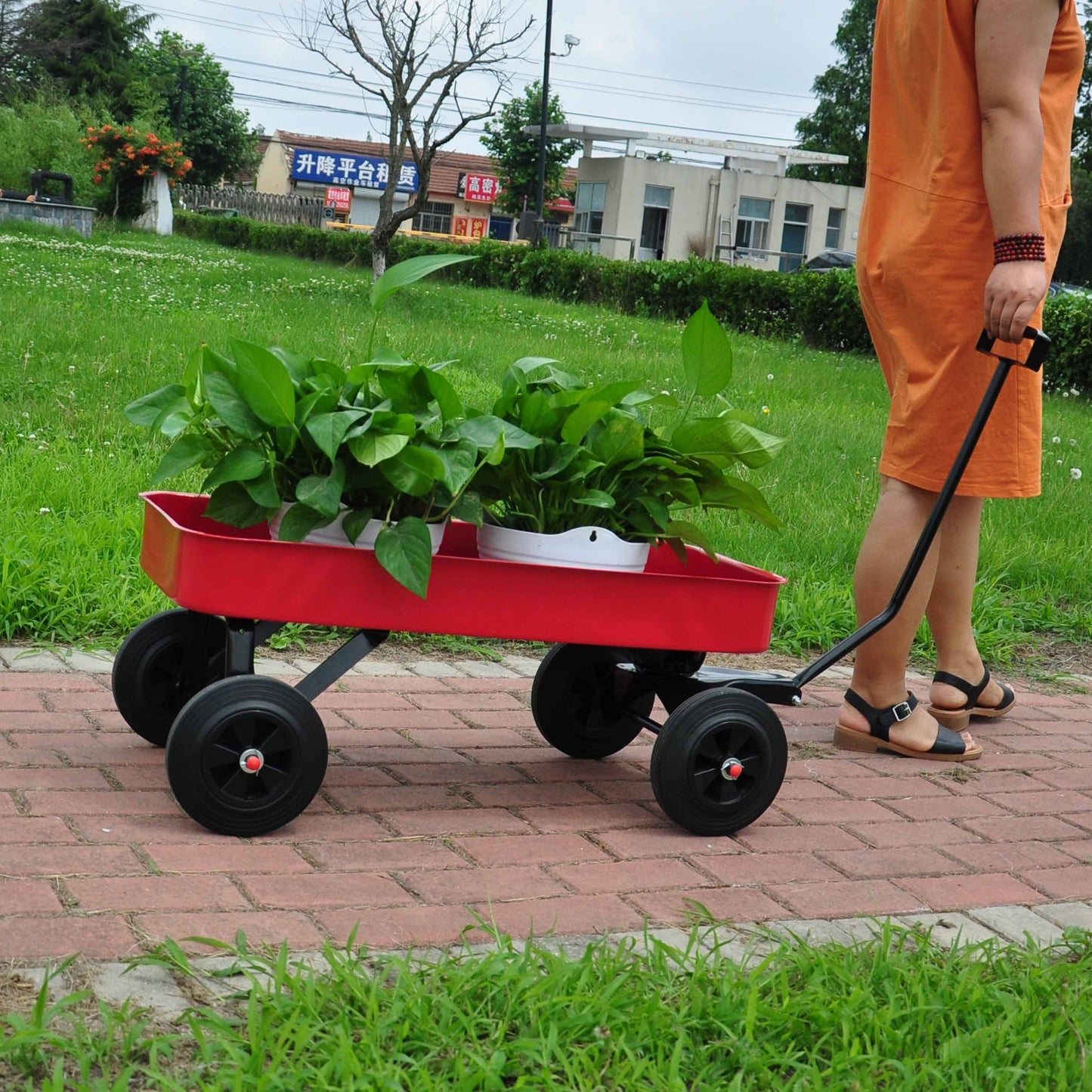 Garden cart Reuniong  Railing,  solid Wheels, All Terrain Cargo Wagon with 280lbs Weight Capacity, Red