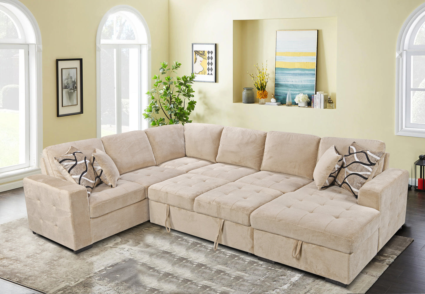 123" Oversized Sectional Sofa with Storage Chaise, U Shaped Sectional Couch with 4 Throw Pillows. Beige