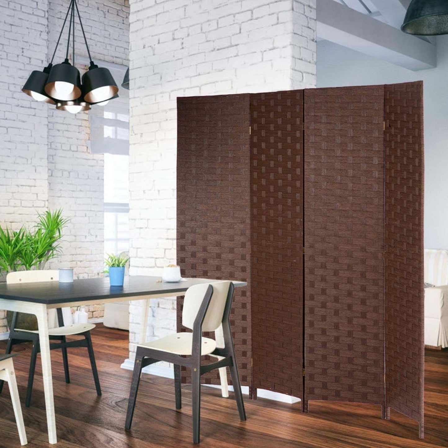 Room Divider 6FT Wall Divider Wood Screen 4 Panels Wood Mesh Hand-Woven Design Room Screen Divider Indoor Folding Portable Partition Screen