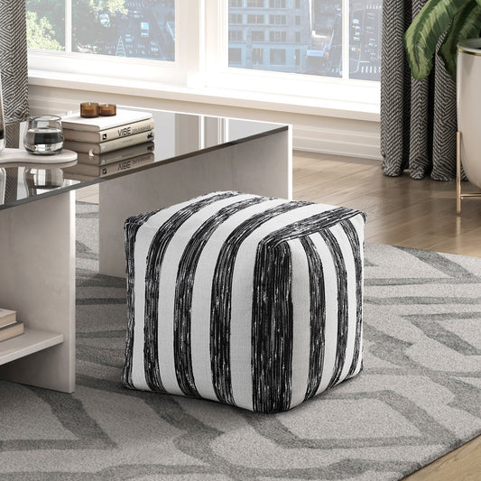 Modern Pouf Black and White Striped Fabric Upholstered Ottoman, Non-Slip Floor Pouf, Bean Bag Chair, 1pc Sitting Pouf