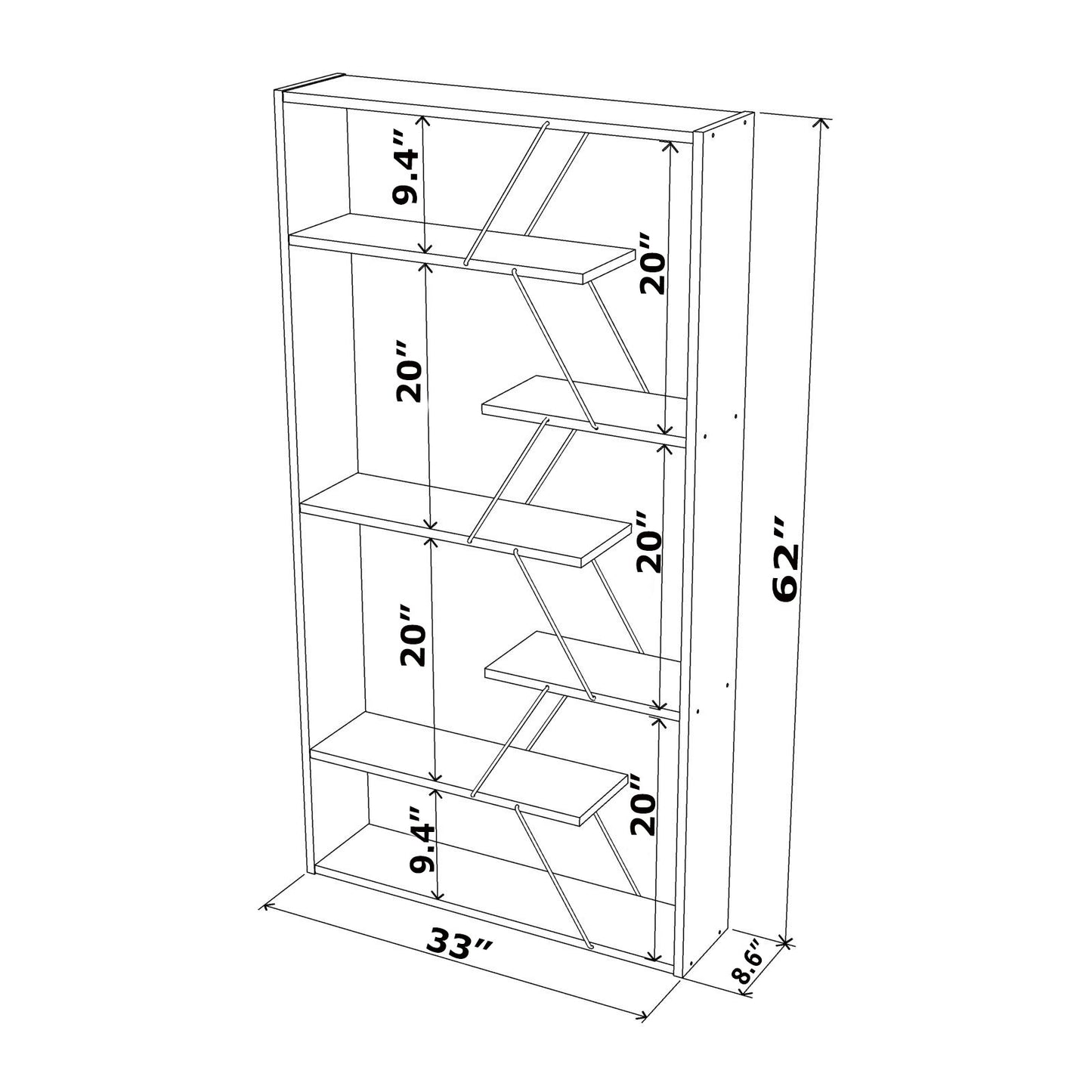 Furnish Home Store Wood Frame Etagere Open Back 6 Shelves Bookcase Industrial Bookshelf