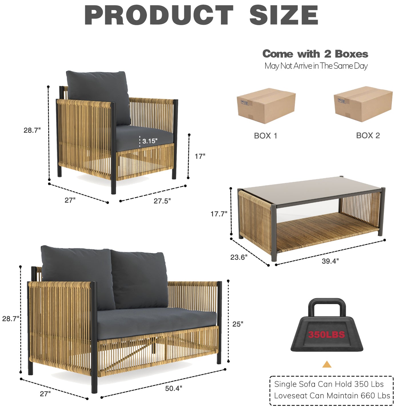 OUTDOOR Patio 4 Pieces Brown PE Wicker Sofa Set with Grey Cushion