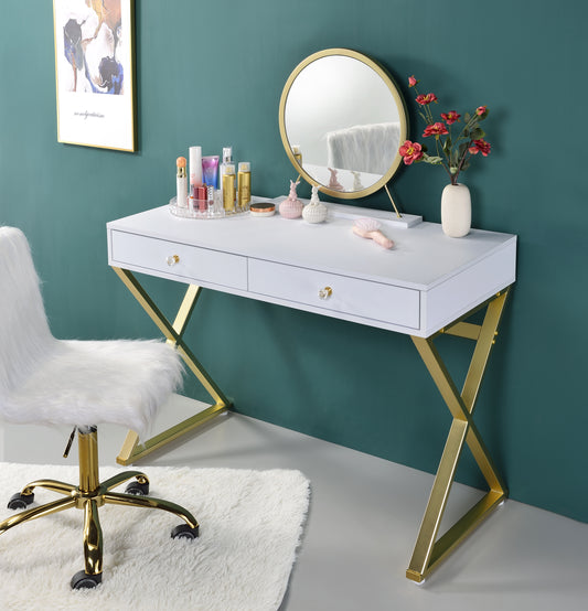 Vanity Desk w/Mirror & Jewelry Tray in White & Gold Finish