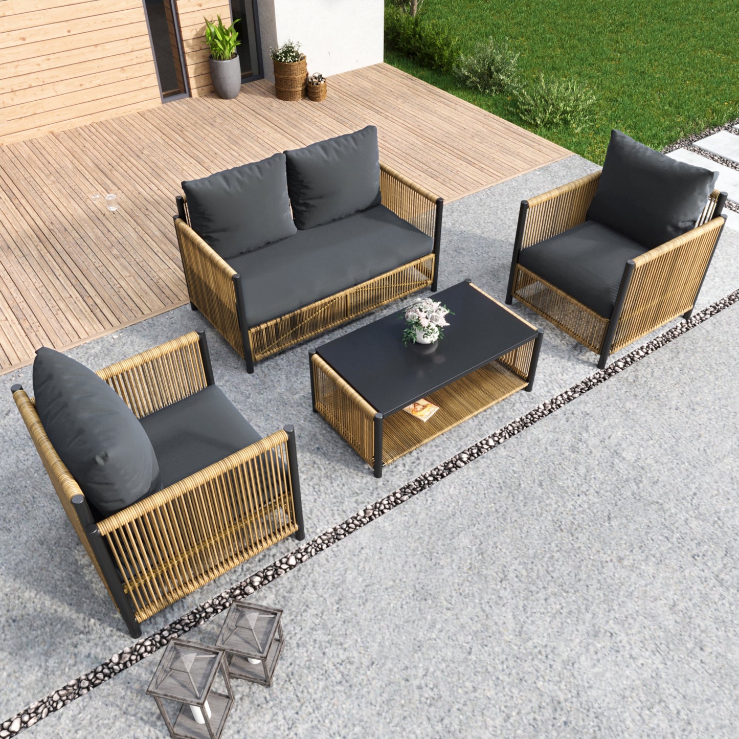 OUTDOOR Patio 4 Pieces Brown PE Wicker Sofa Set with Grey Cushion