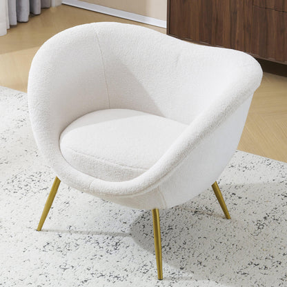 Modern Accent Chair for Living Room, Lounge Chair for Bedroom with Gold Metal Legs, Vanity Chair for Makeup Room, Teddy Velvet, Cream White