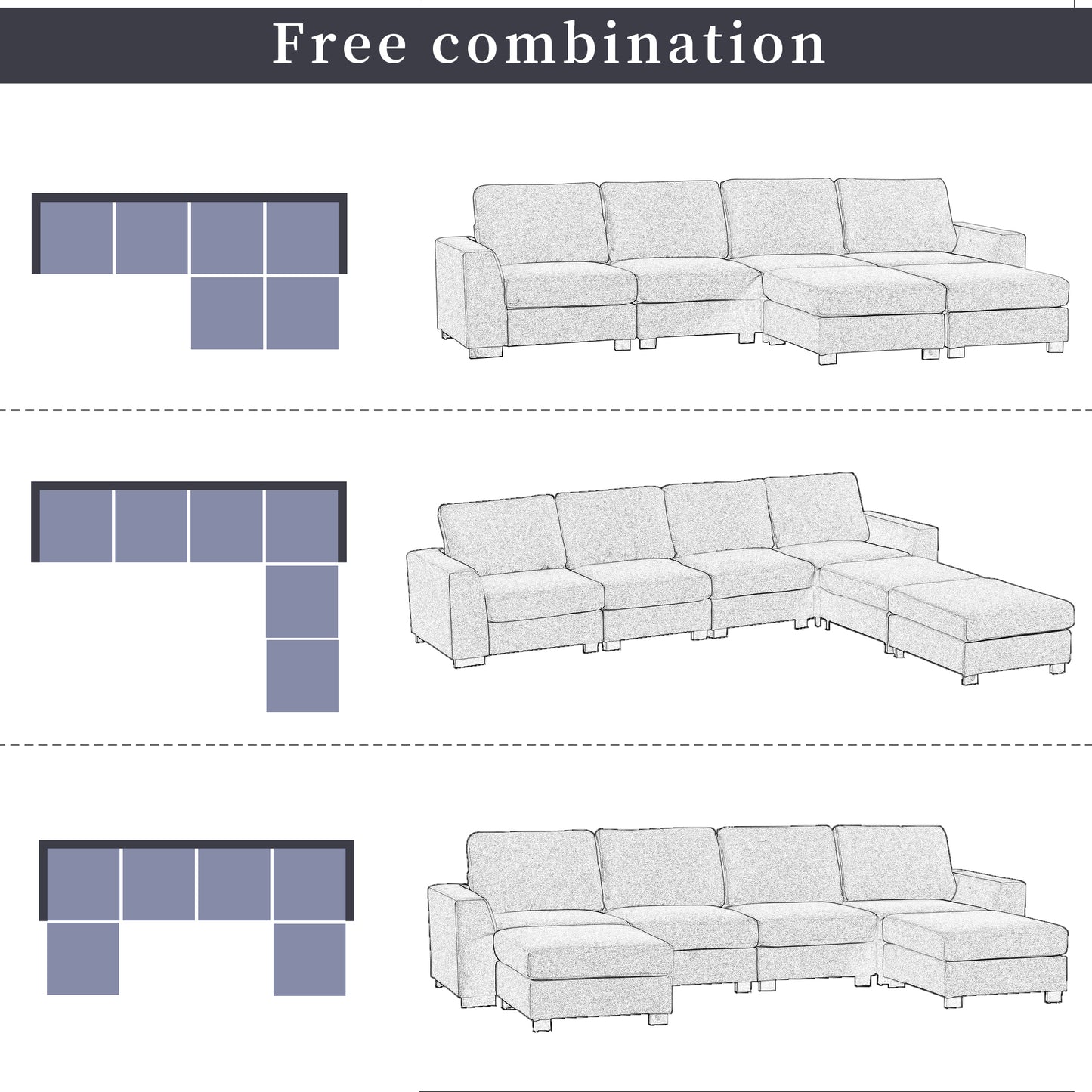 U_STYLE 3 Pieces U shaped Sofa with Removable Ottomans