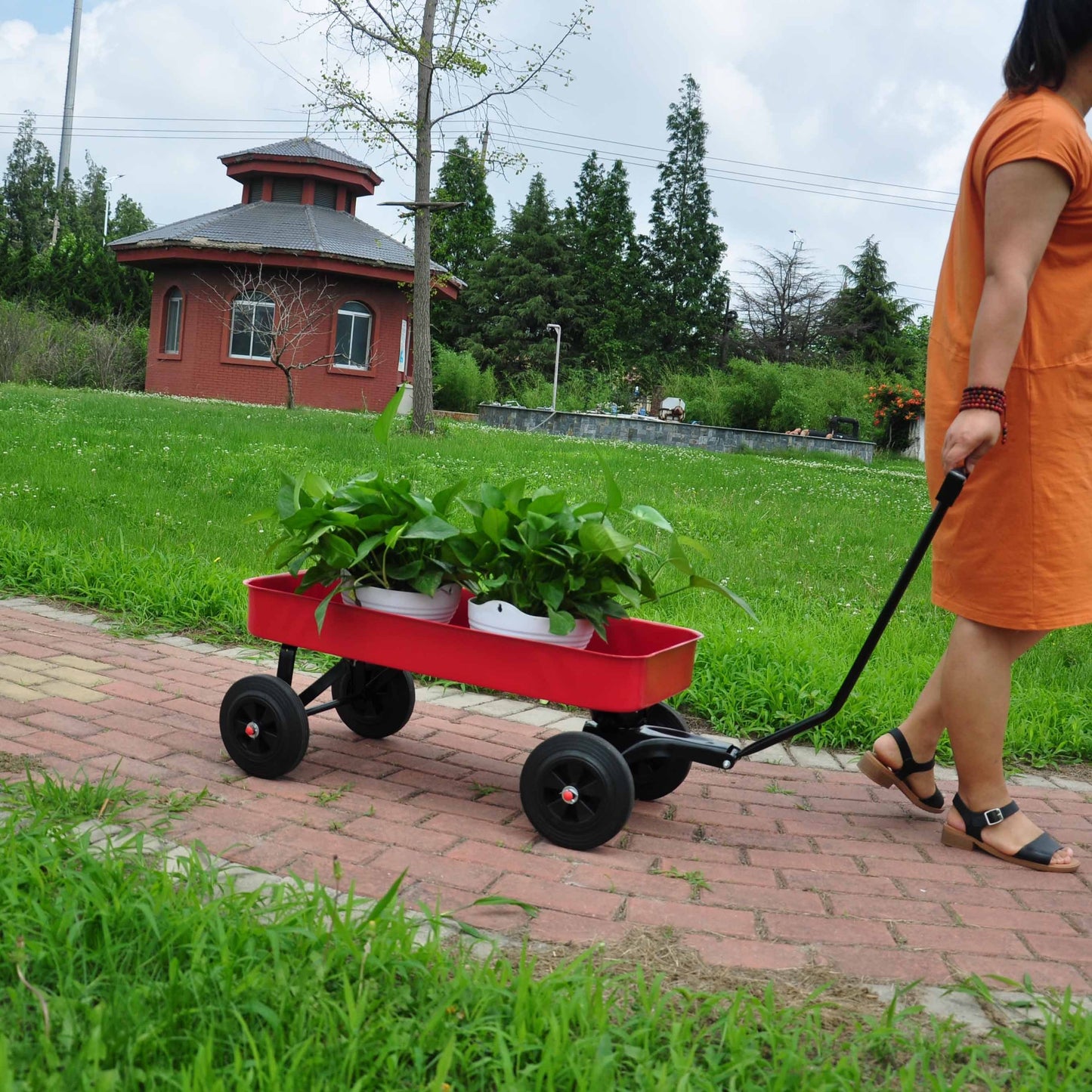 Garden cart Reuniong  Railing,  solid Wheels, All Terrain Cargo Wagon with 280lbs Weight Capacity, Red