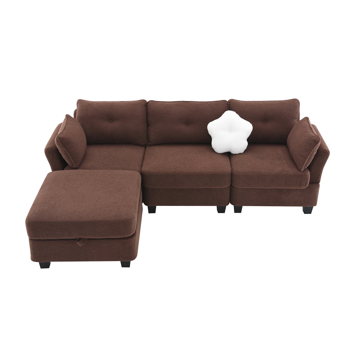 92*63"Modern Teddy Velvet Sectional Sofa,Charging Ports on Each Side,L-shaped Couch with Storage Ottoman,4 seat Interior Furniture 3 Colors(3 pillows)