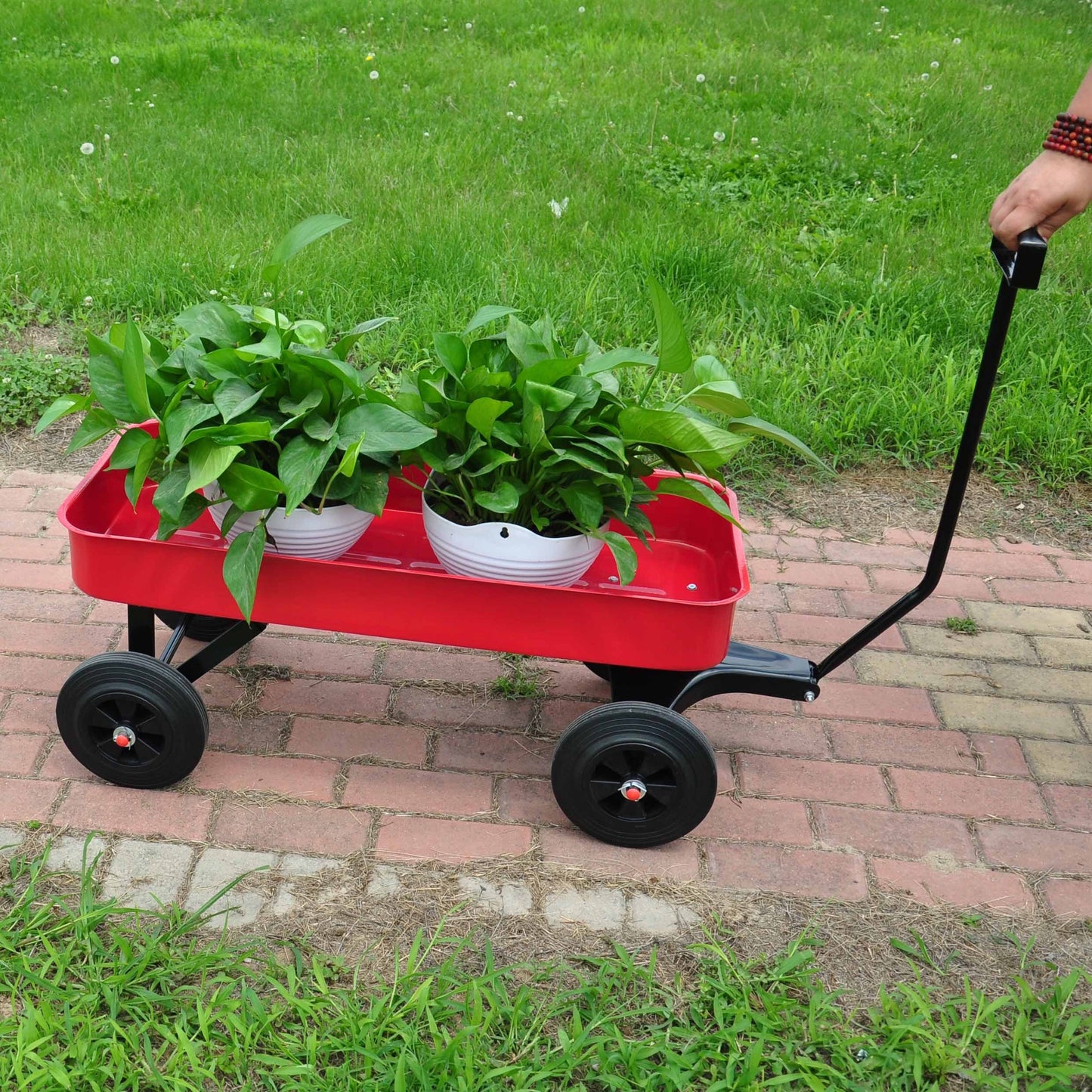 Garden cart Reuniong  Railing,  solid Wheels, All Terrain Cargo Wagon with 280lbs Weight Capacity, Red