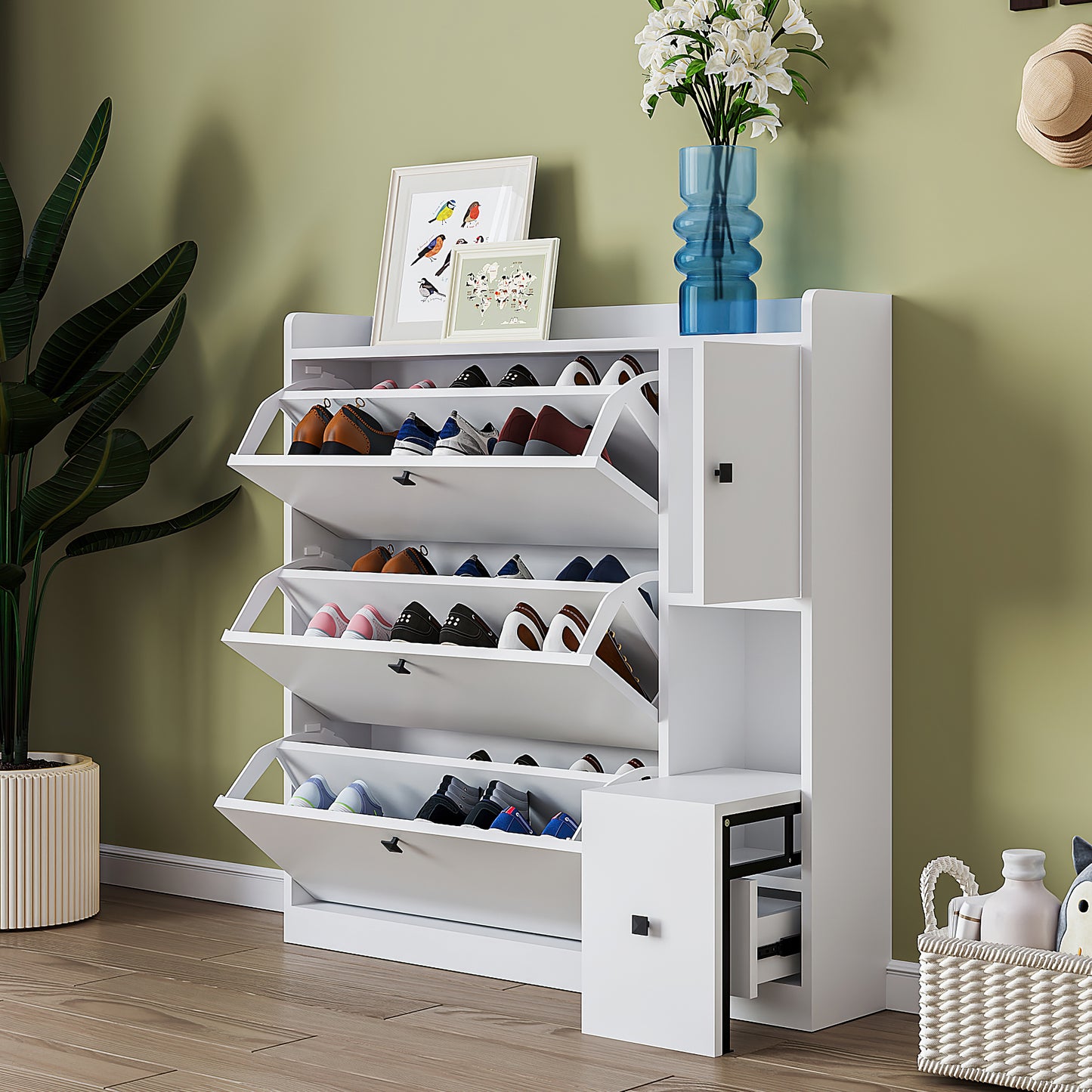 ON-TREND Versatile Shoe Cabinet with 3 Flip Drawers, Maximum Storage Entryway Organizer with Drawer, Free Standing Shoe Rack with Pull-down Seat for Hallway, White