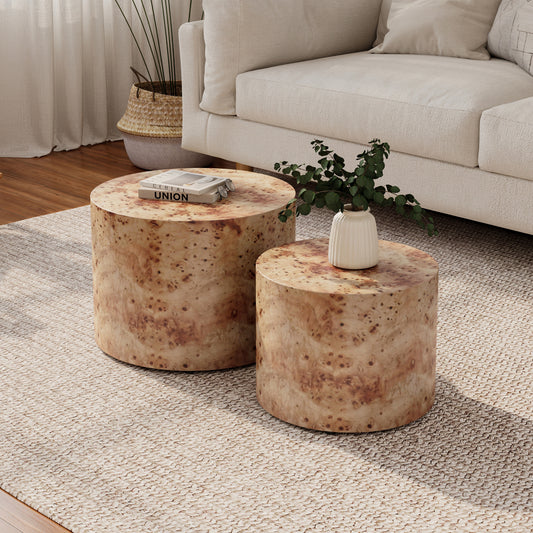 Nesting Coffee Table Set of 2, Modern Round Coffee Table -Natural Burl