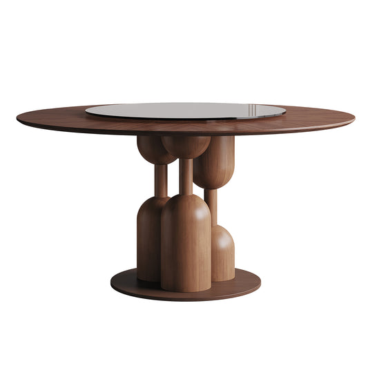 Natural Oak Wabi-Sabi Round Dining Table 59-inch with 35-inch Tempered Glass Lazy Susan, Walnut Wood, Japanese Style Sculptural Furniture for Living Room & Restaurant