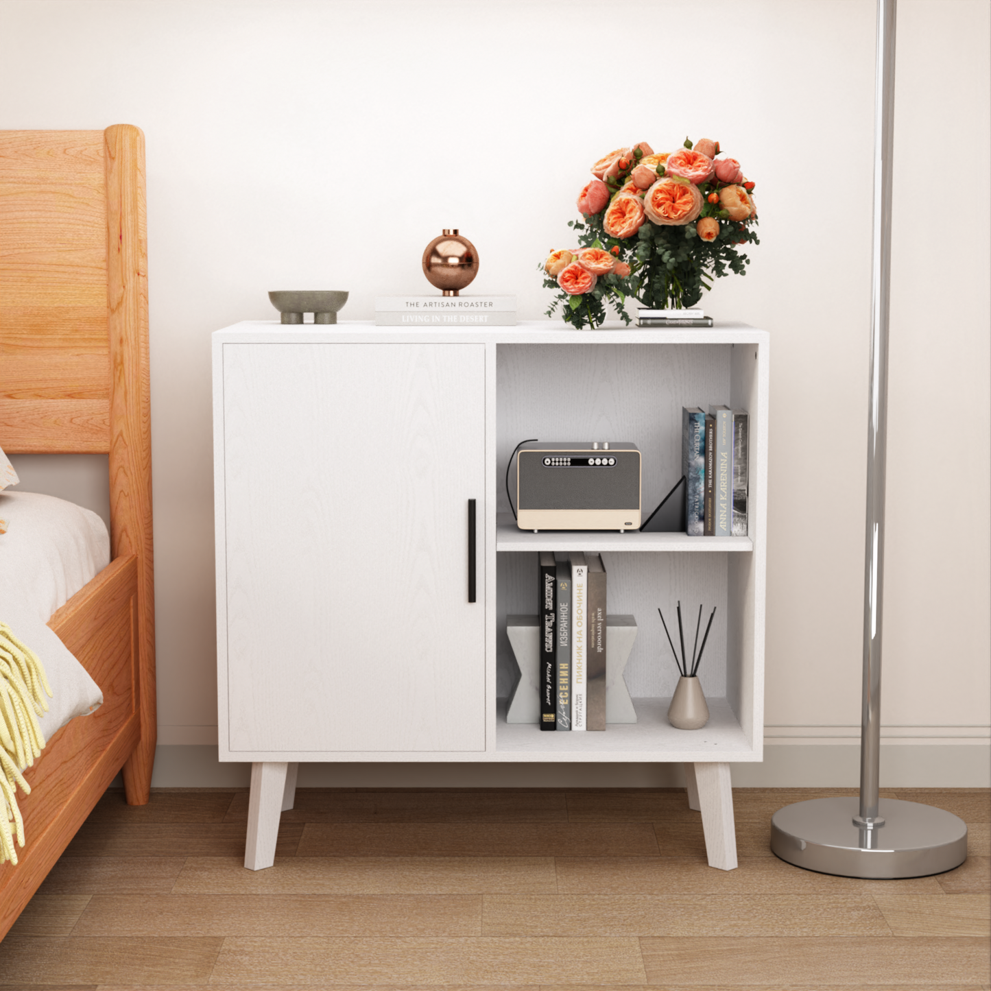 Wood Storage Cabinet, Modern Accent Buffet Cabinet, Free Standing Sideboard and Buffet Storage with Door and Shelves, Buffet Sideboard for Bedroom, Living Room, Kitchen or Hallway (White)