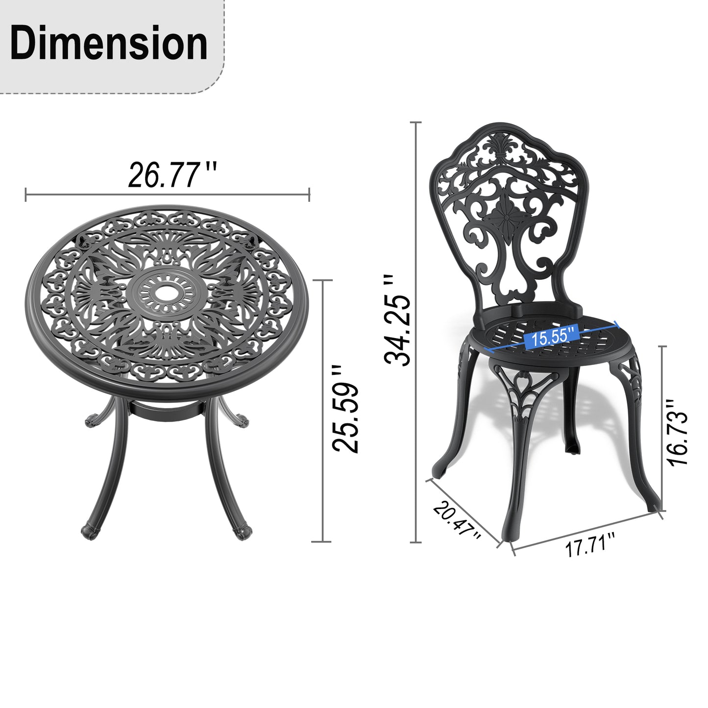 3-Piece Set Of Cast Aluminum Patio Furniture  With Black Frame