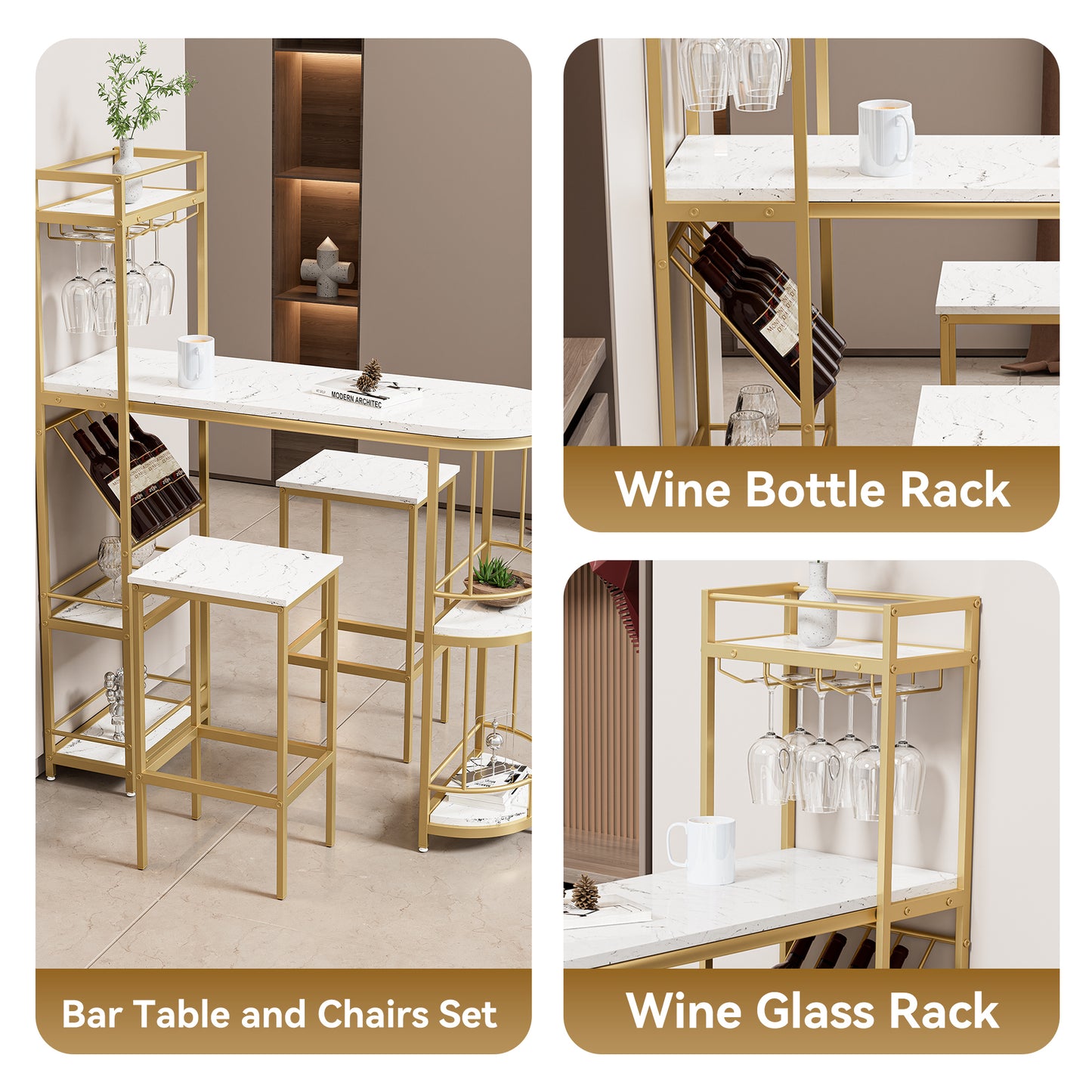 3 Pcs Bar Table and Chairs Set, Modern White Kitchen Bar Height Dining Table Wood Breakfast Pub Table with Gold Base with Shelves, Glass Rack, Wine Bottle Rack ,with 2 Bar Stools