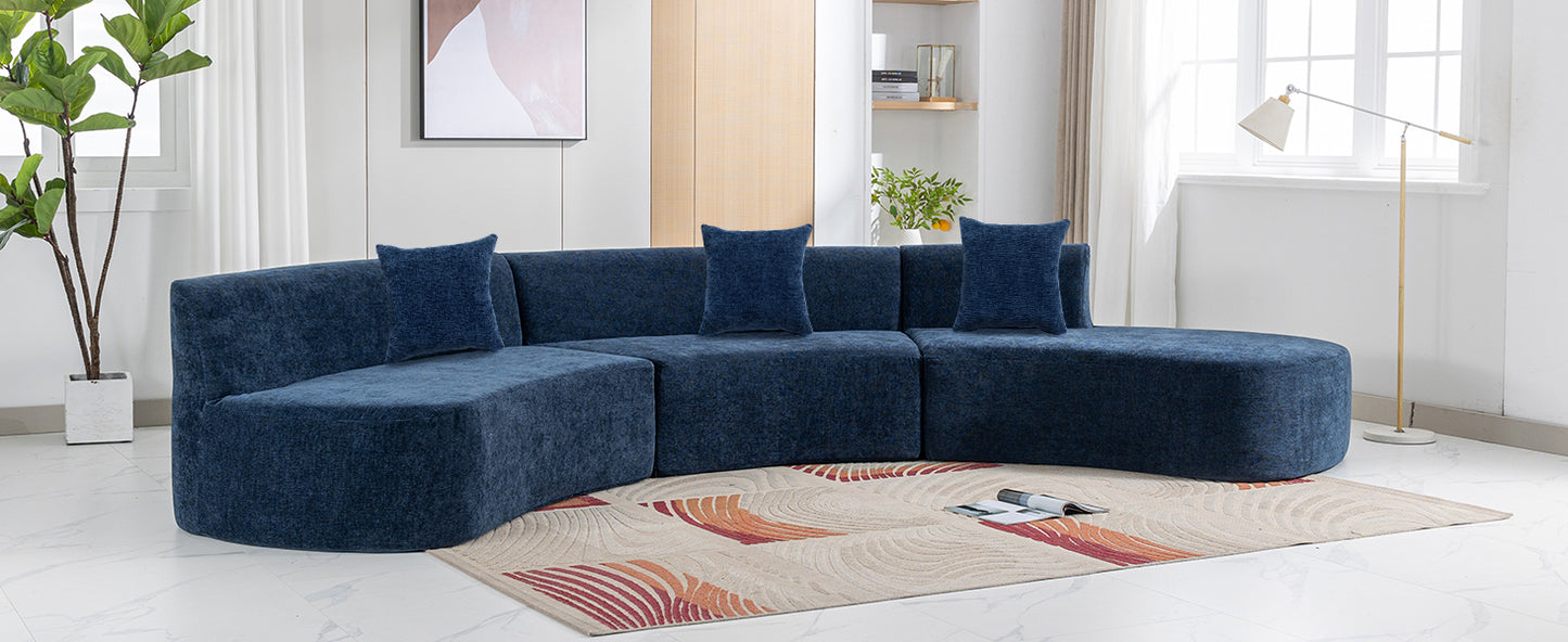 136.6" Stylish Curved sofa Sectional Sofa Chenille Fabric Sofa Couch with Three Throw Pillows for Living Room, Blue