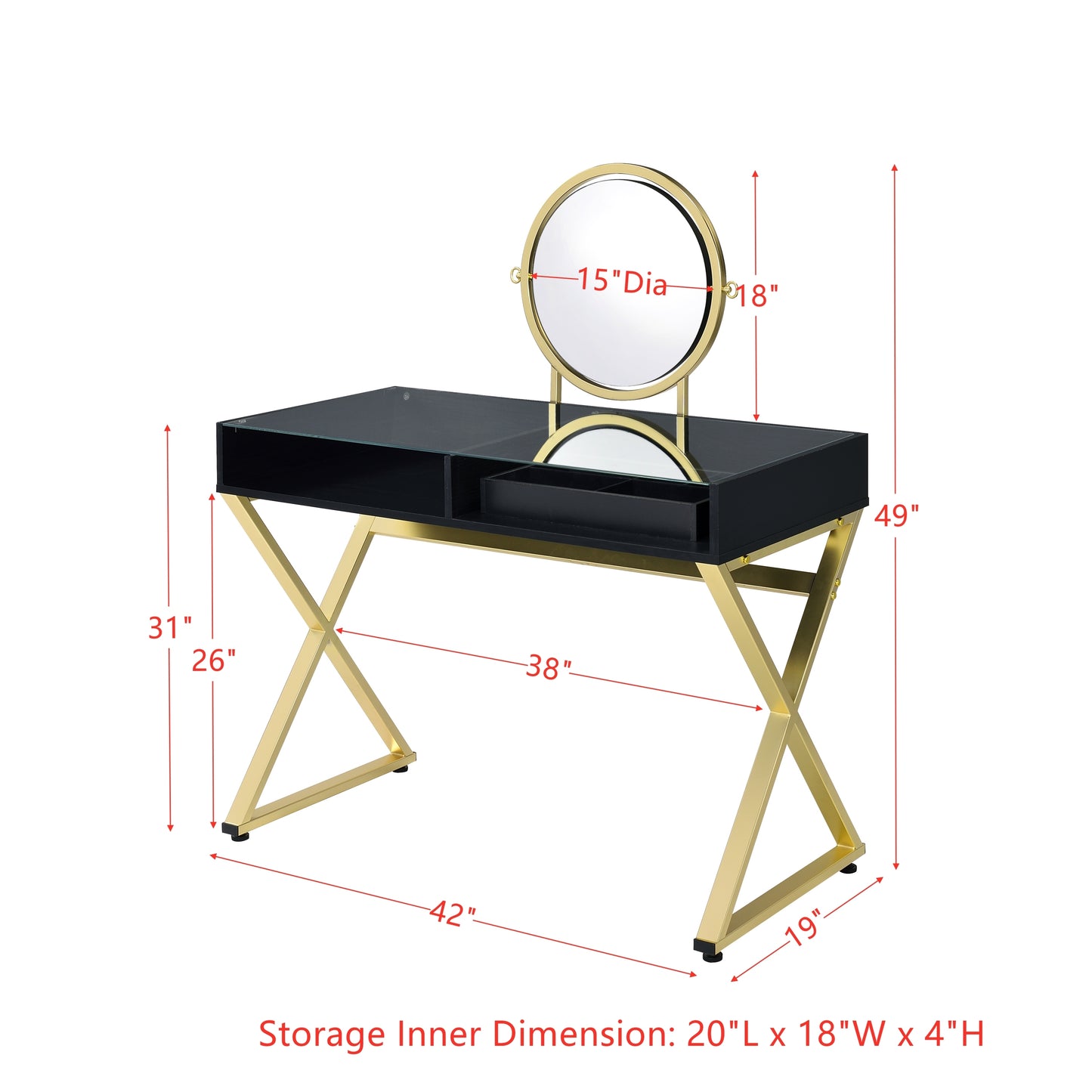 Vanity Desk w/Mirror & Jewelry Tray in Black & Gold Finish